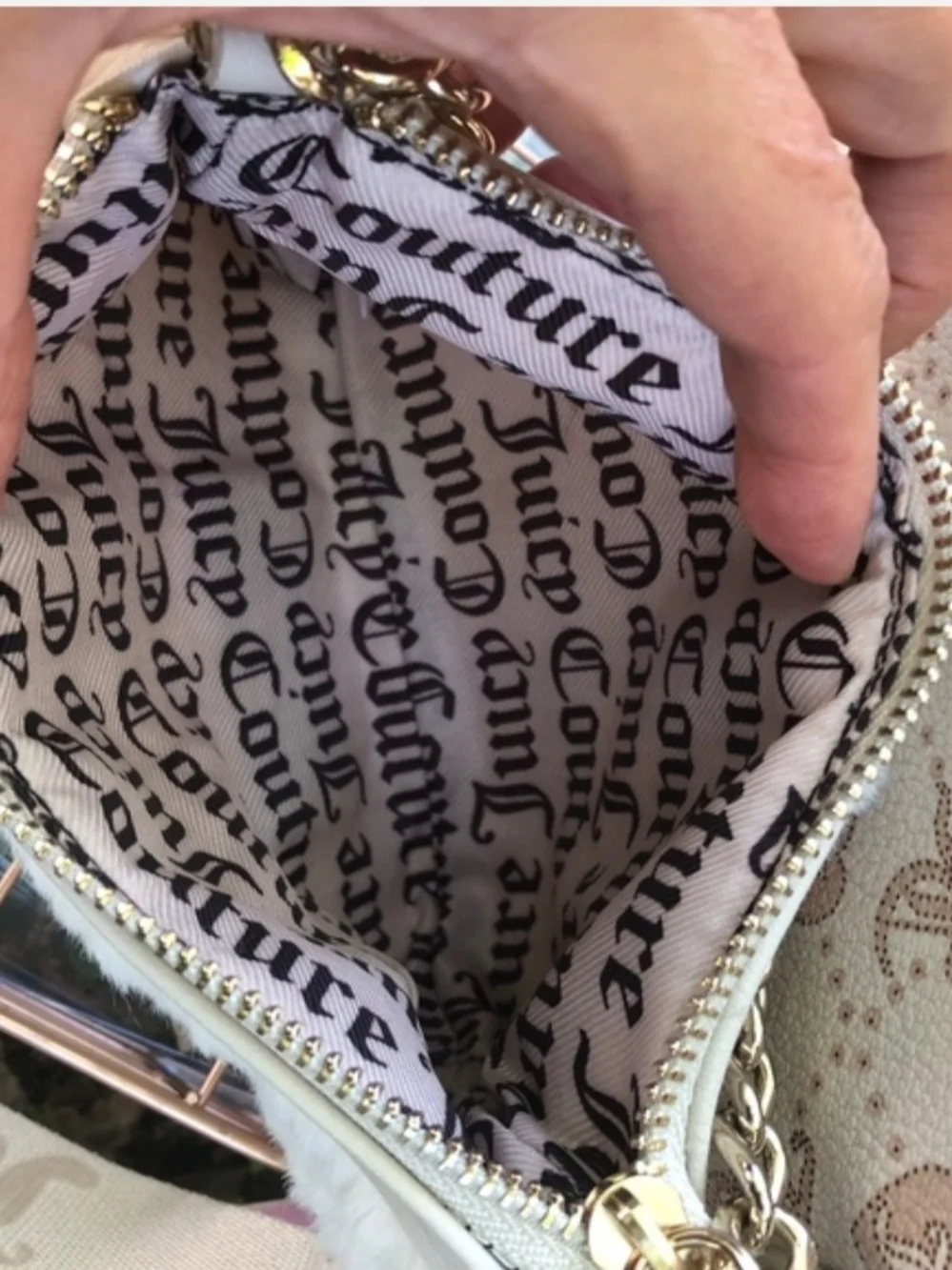 Juicy Couture Cream Faux Fur and Logo Crossbody with Gold Chain - Picture 9 of 9